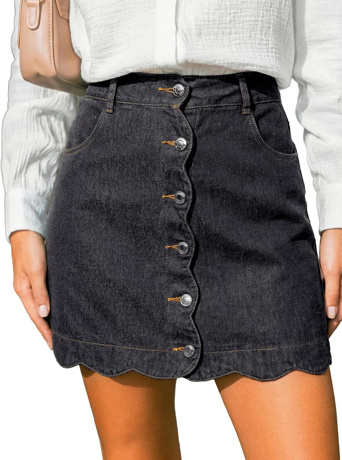 CUPSHE kvinnor denim kjol vardaglig hög midja A-linje skulpterad fåll mini jeanskjol med fickor