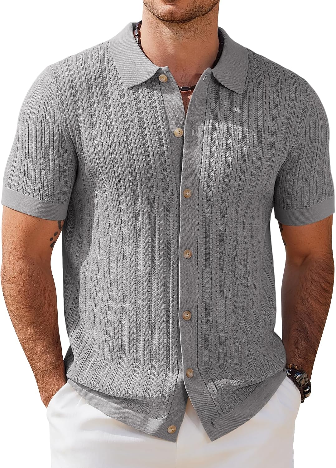 COOFANDY Herr kortärmad stickad pikétröja stretch kabel stickad full knapp golfskjorta polo t-shirt