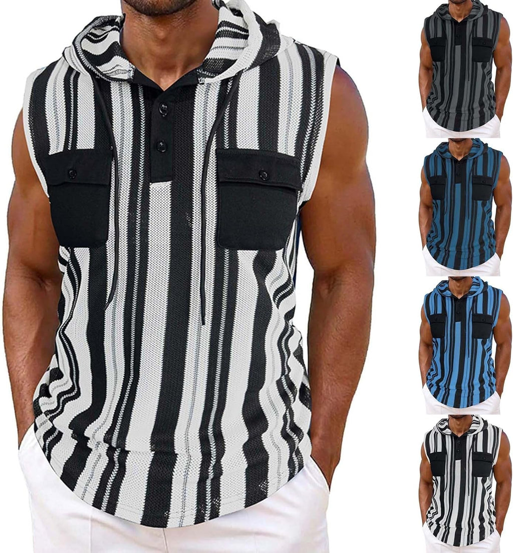 Ärmlösa västar med huva för män sommar vardaglig tank top lätt pullover väst med bröstficka och knappdetaljer urholkade randiga designvästar smal passform mode gym linne för fritid
