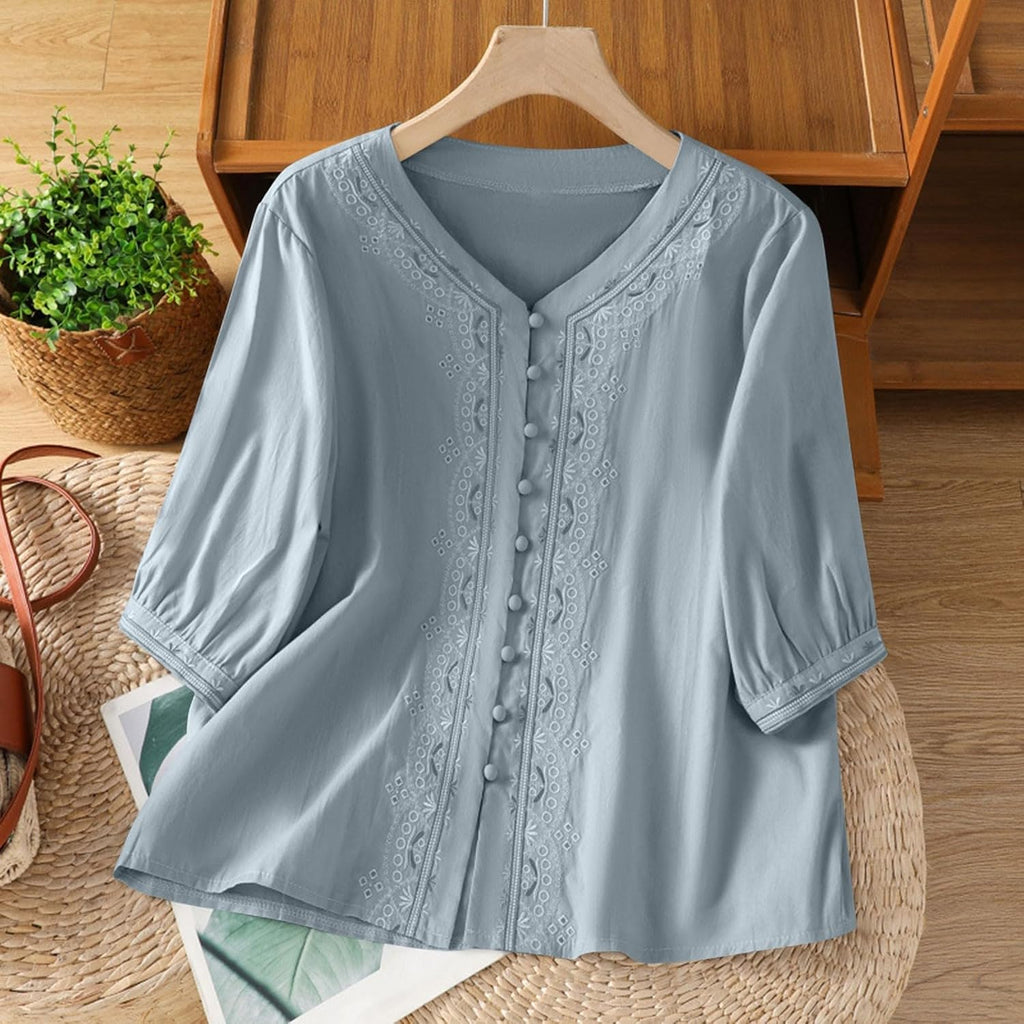 Kvinnors boho toppar bomull linne halvärm v-ringad retro broderade skjortor groda knapp kinesisk stil skjorta damer lös ledig sommar topp