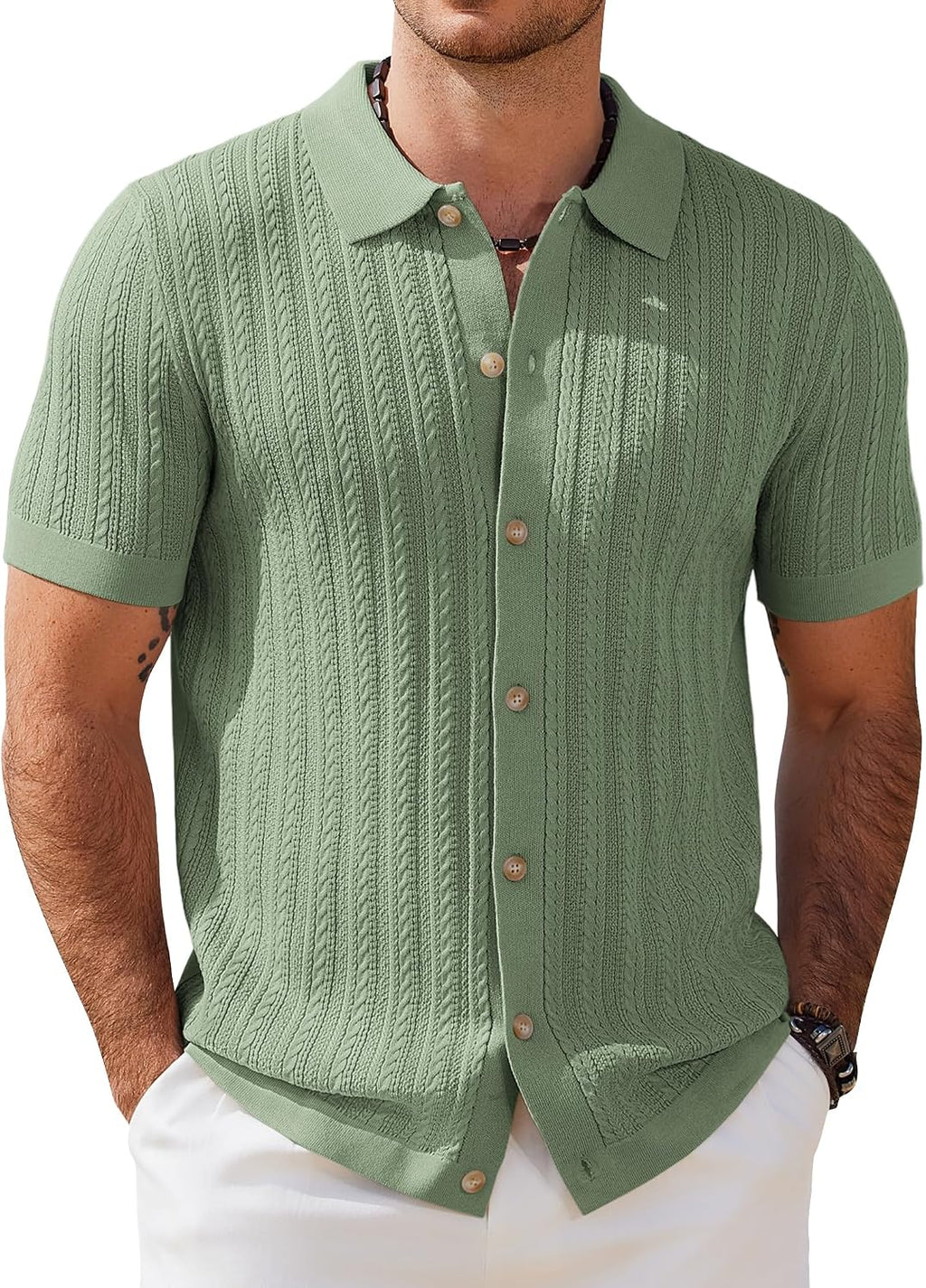 COOFANDY Herr kortärmad stickad pikétröja stretch kabel stickad full knapp golfskjorta polo t-shirt