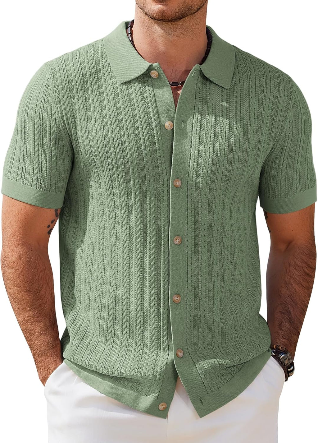 COOFANDY Herr kortärmad stickad pikétröja stretch kabel stickad full knapp golfskjorta polo t-shirt