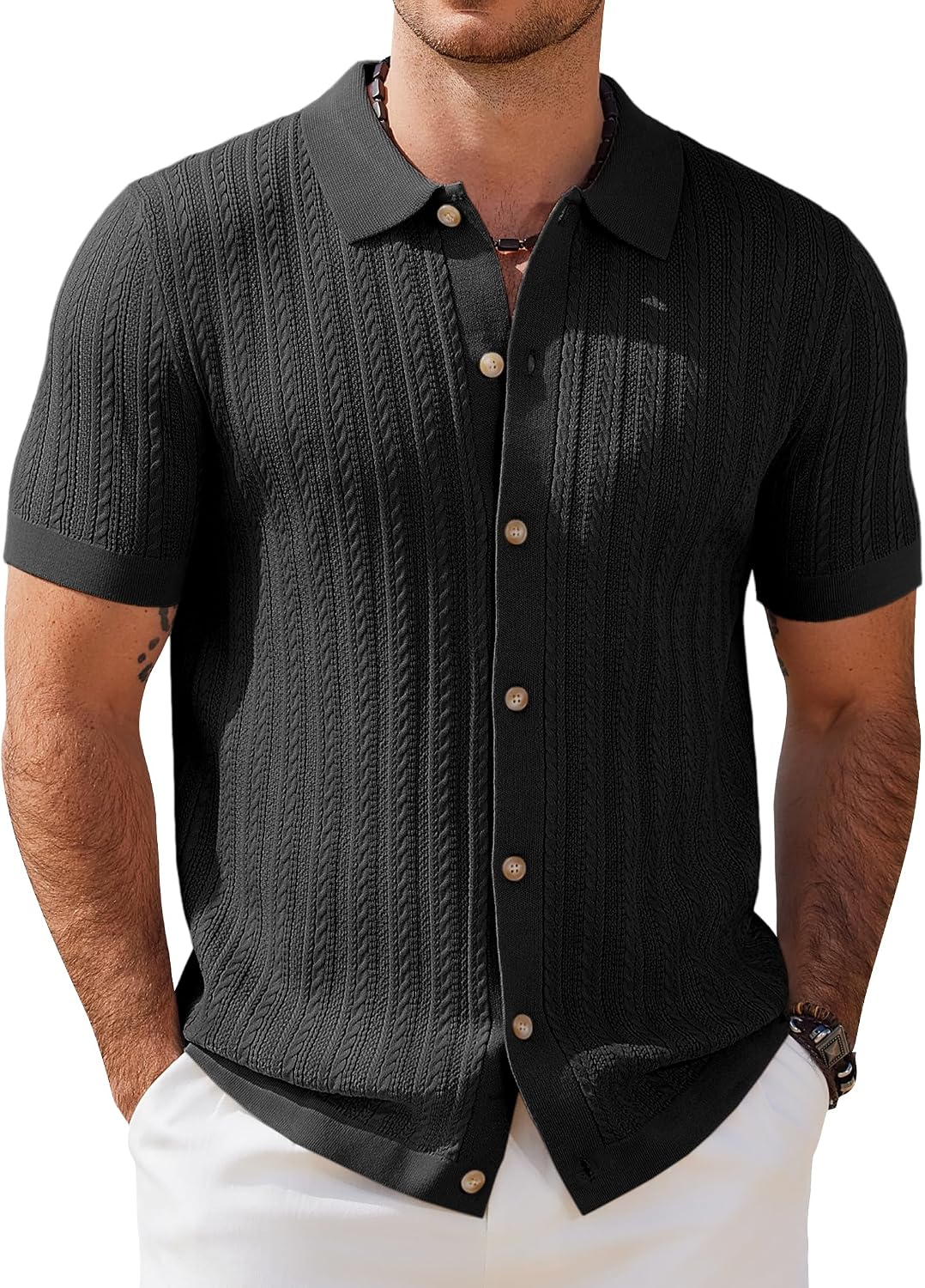 COOFANDY Herr kortärmad stickad pikétröja stretch kabel stickad full knapp golfskjorta polo t-shirt