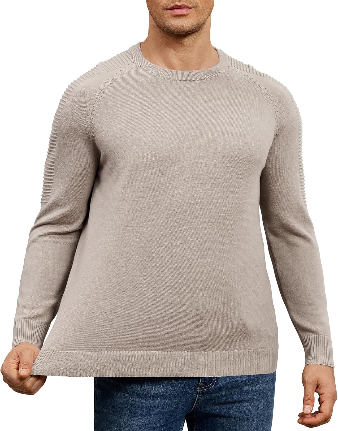 herr rund hals raglan långärmad jumper enfärgad termisk stickad pullover axel ribbning detalj 100 % bomull klassiska stickade kläder höst vinter