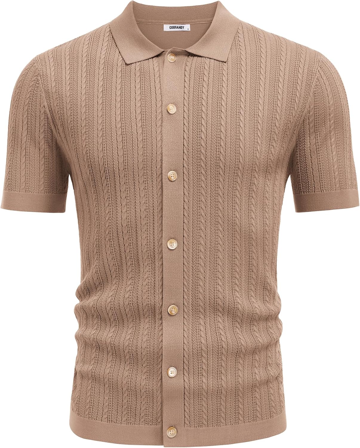 COOFANDY Herr kortärmad stickad pikétröja stretch kabel stickad full knapp golfskjorta polo t-shirt