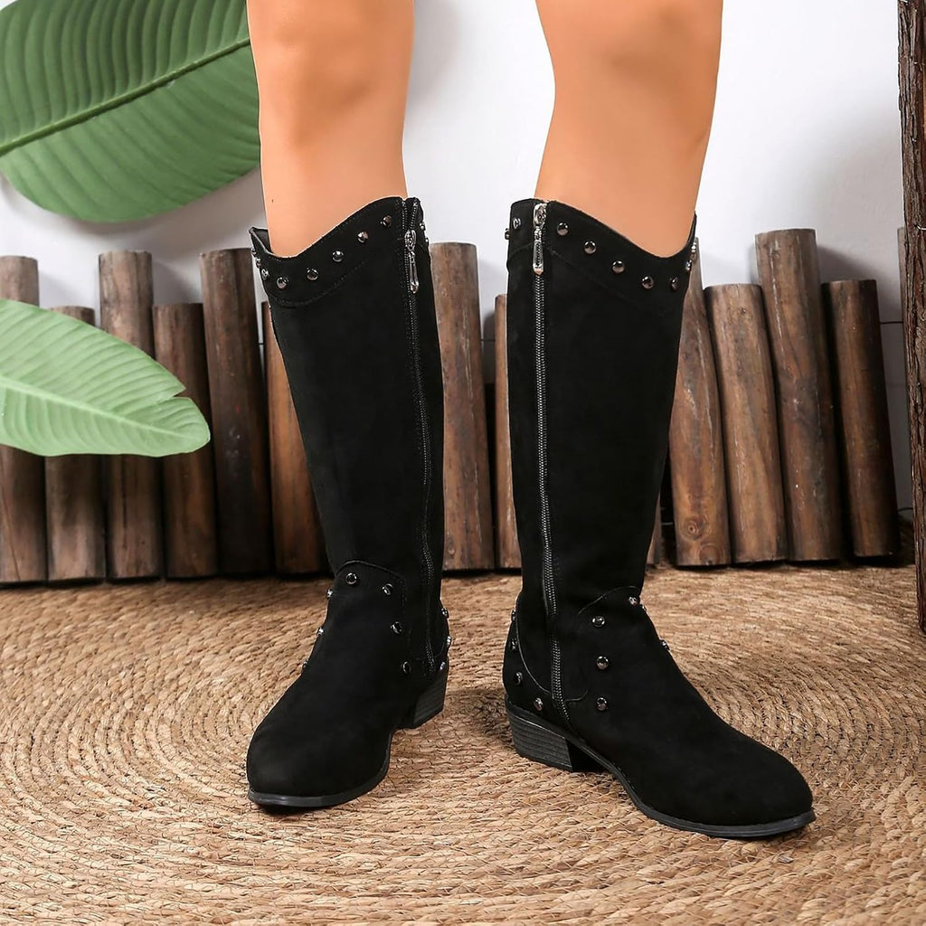Generiska dam västerländska stövlar med klack, cowboystövlar dam medelstora höga vandringskängor med blockklack övergångsstövlar vintage halvstövlar western cowgirl stövlar slip-stövlar Chelsea