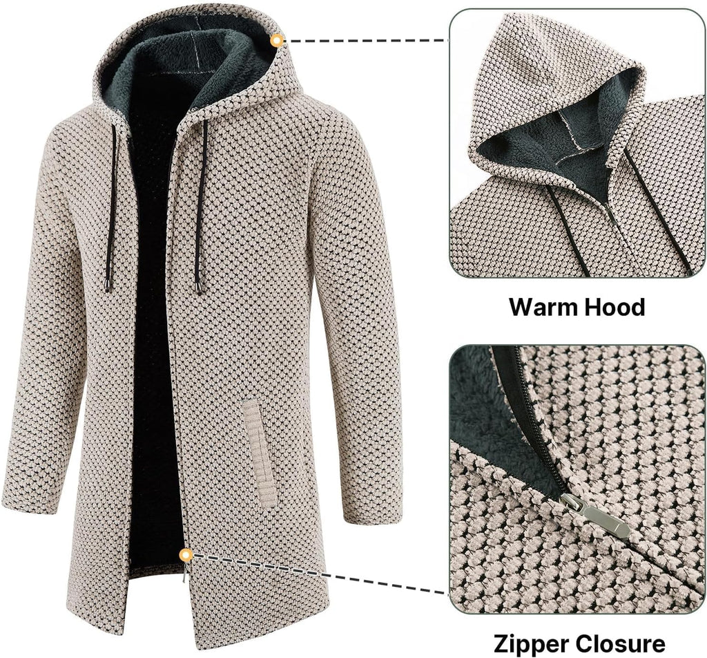 KUDORO Herrcardigan lång väst med dragkedja stickad kofta huvtröja tjock och ledig fleece tröja huvtröja