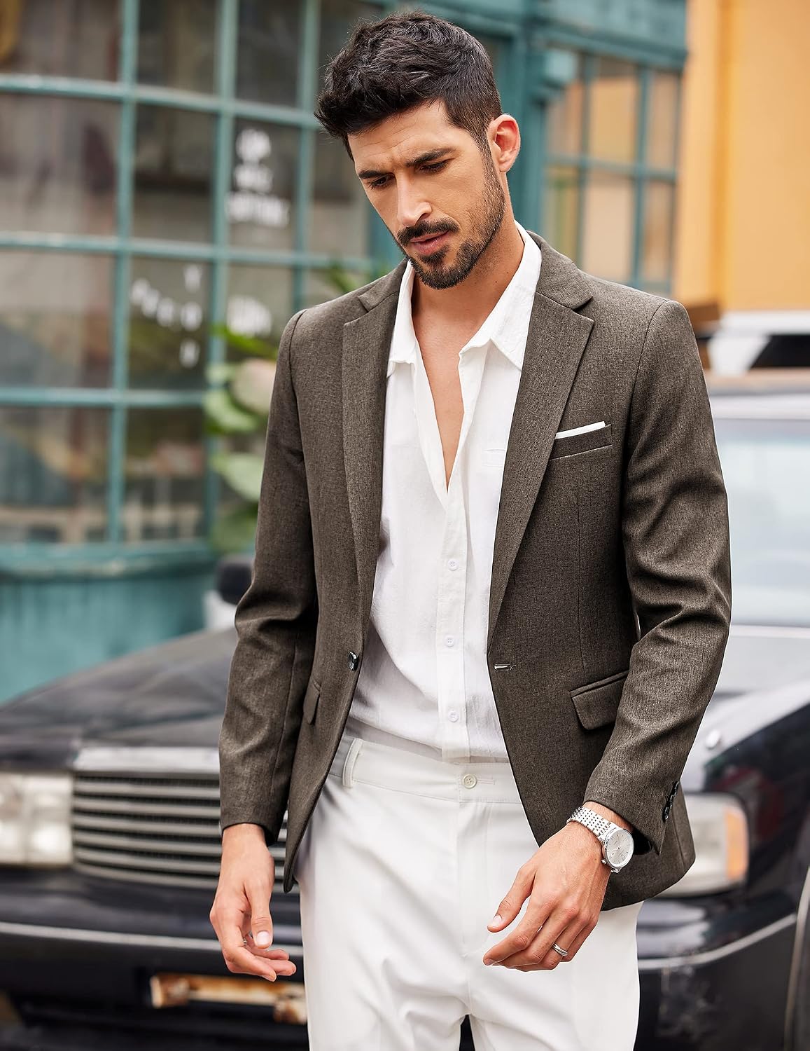 Coofand Vardaglig kostymkavaj för män, blazer, lätt och sportig med en knapp, linnetextur