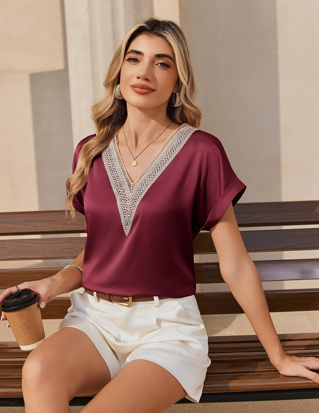 Zeagoo Dam-t-shirt, satinblus, spets, v-ringad, skjorta, eleganta blusar, kortärmad tunika, topp, lediga toppar, sommar, lösa toppar