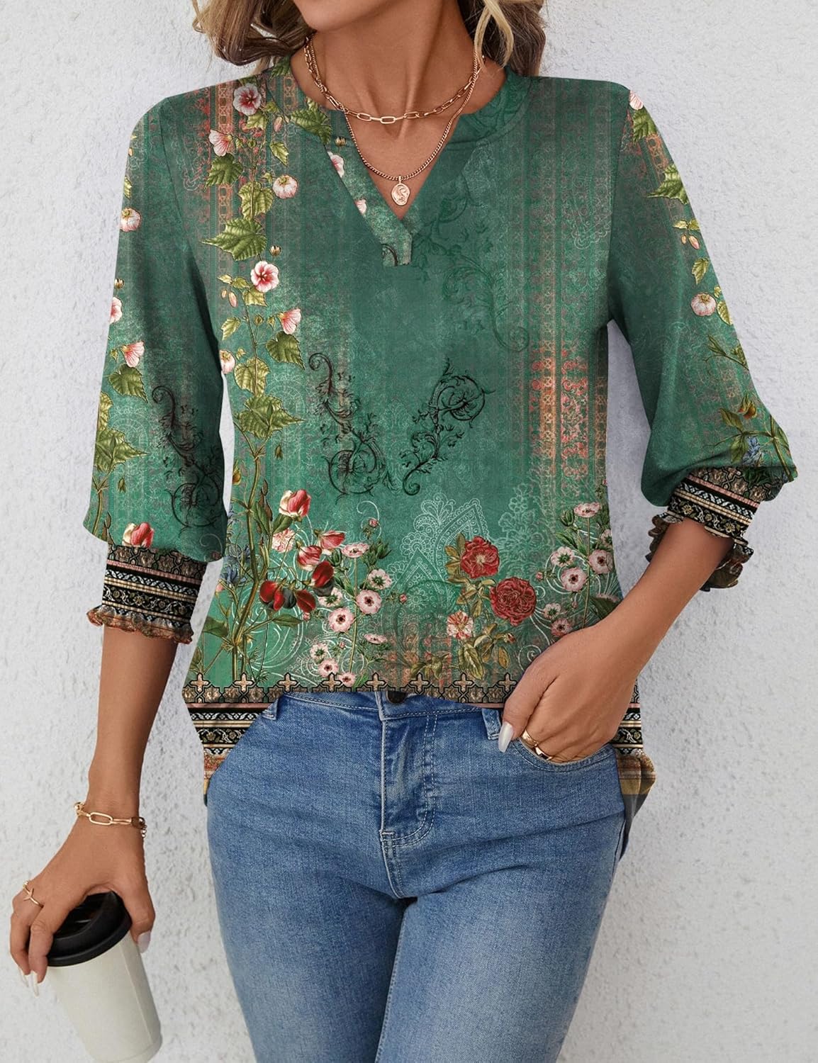 Rapbin Damblus med 3/4-ärm, lång V-ringad tunika, sommartopp, elegant, ledig blus, topp
