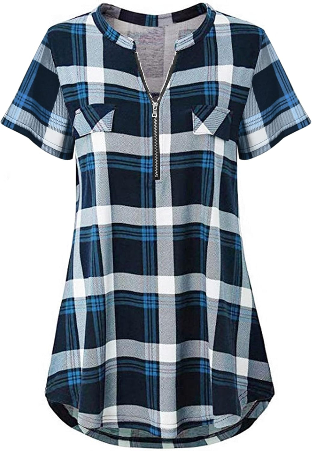 Odosalii skotskrutig tunika blus med dragkedja, kort/långärmad polotopp, blommiga tryckta skjortor