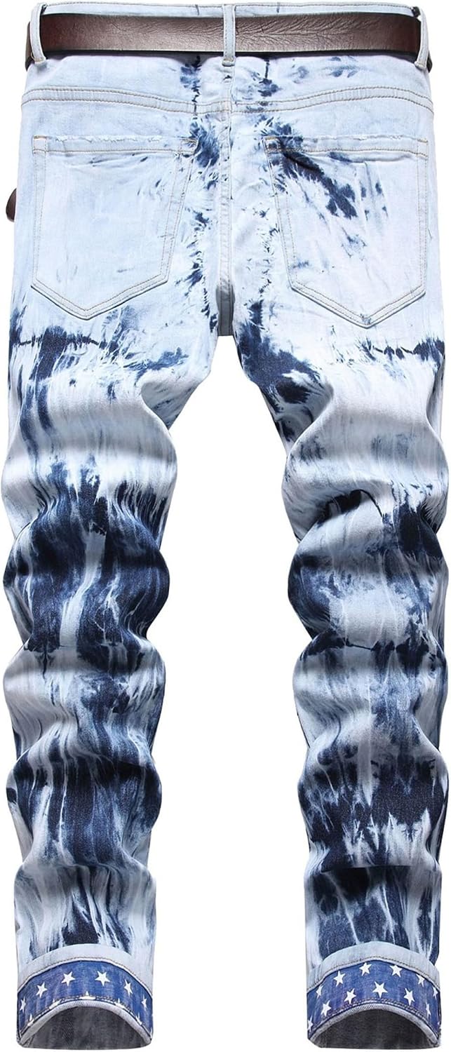 Herr Skinny Stacked Jeans Tie Dye Washed Denimbyxor Slim Fit Biker Ripped Streetwear