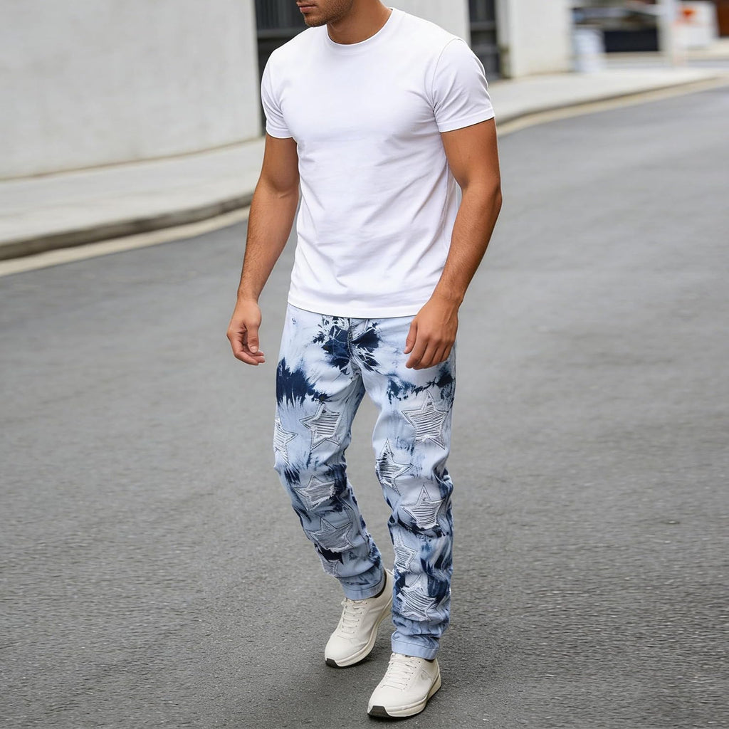 Herr Skinny Stacked Jeans Tie Dye Washed Denimbyxor Slim Fit Biker Ripped Streetwear
