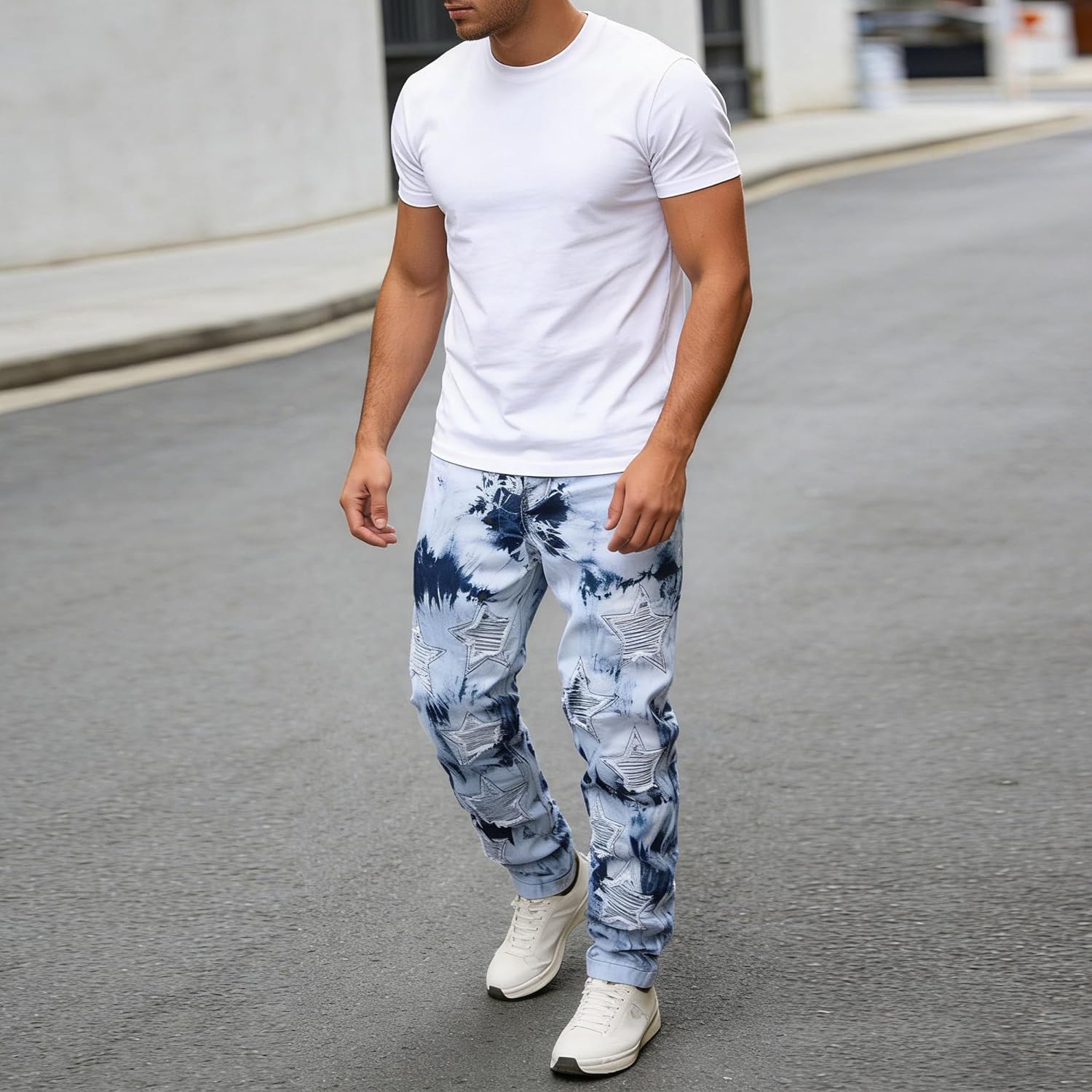 Herr Skinny Stacked Jeans Tie Dye Washed Denimbyxor Slim Fit Biker Ripped Streetwear