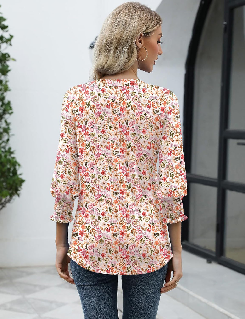 Rapbin Damblus med 3/4-ärm, lång V-ringad tunika, sommartopp, elegant, ledig blus, topp