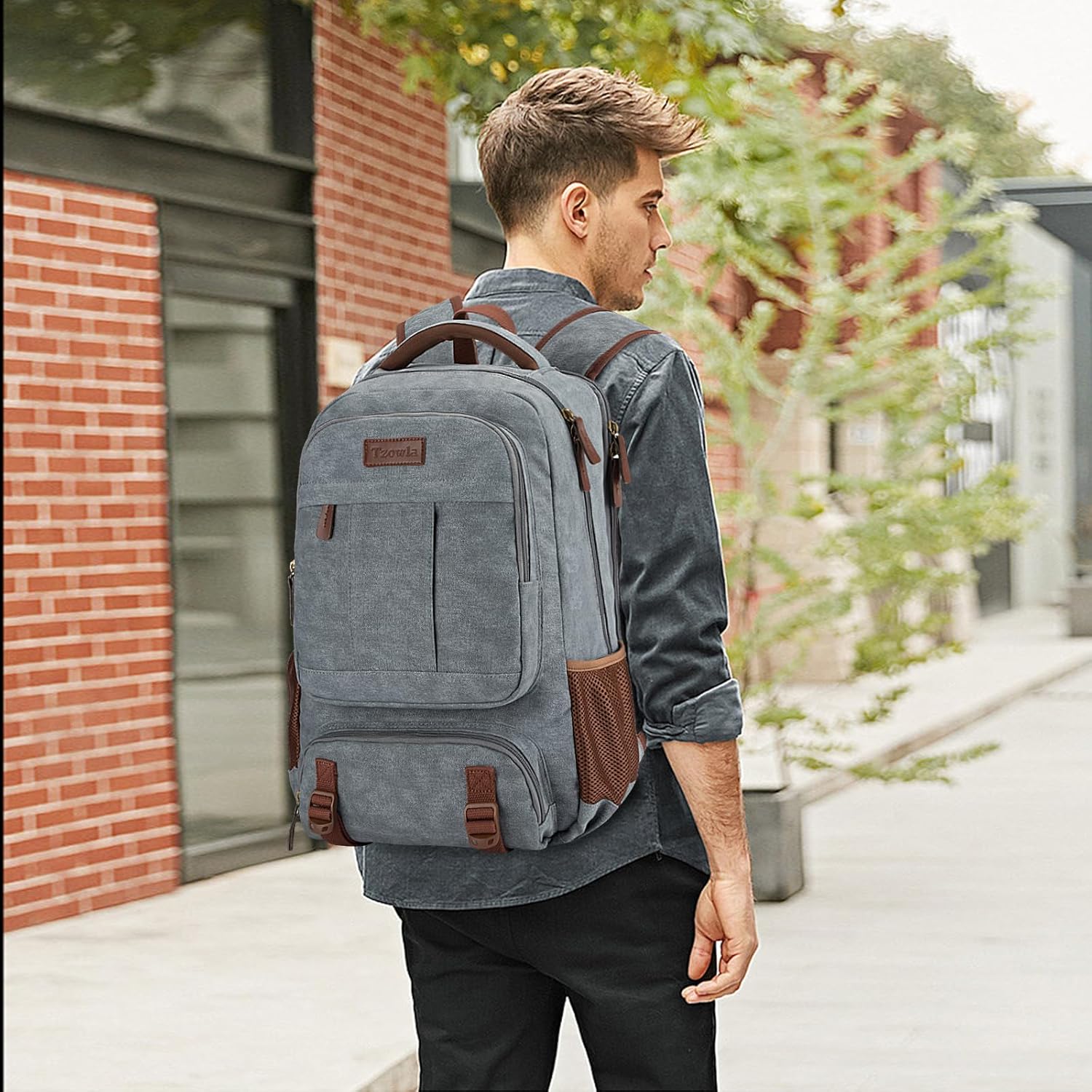 Tzowla Canvas Ryggsäckar för Laptop,Ryggsäck Skola Vandring för Herr och Dam,Reseryggsäck,Dator Bokväska Passar 15,6-17,3 Tum Bärbar Dator med USB Laddnings Port
