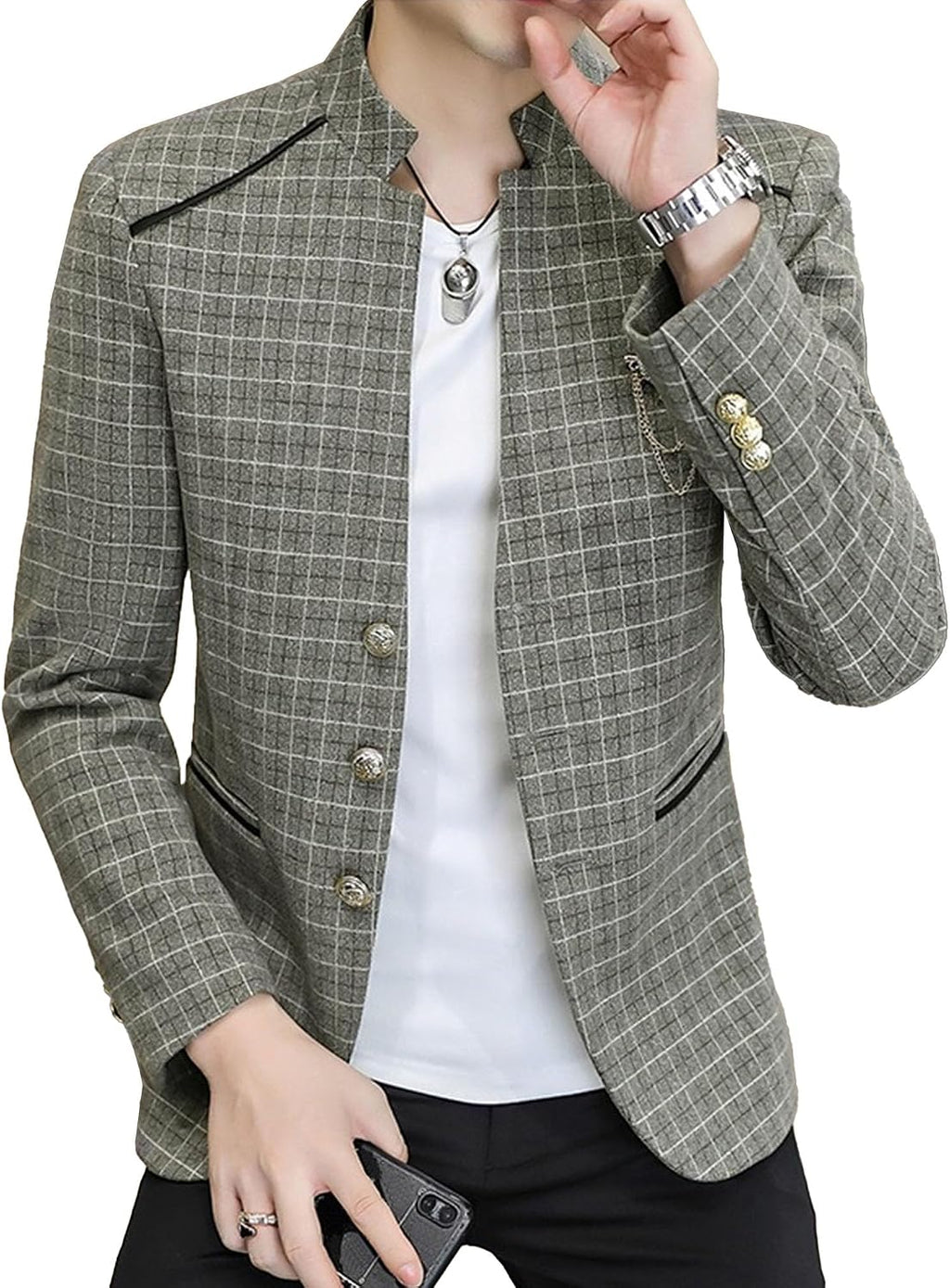 Män stående krage bankett blazer kappa klassisk bröllopsfest 3-knappars rutig jacka vår tunn daglig affärsdräkt jacka