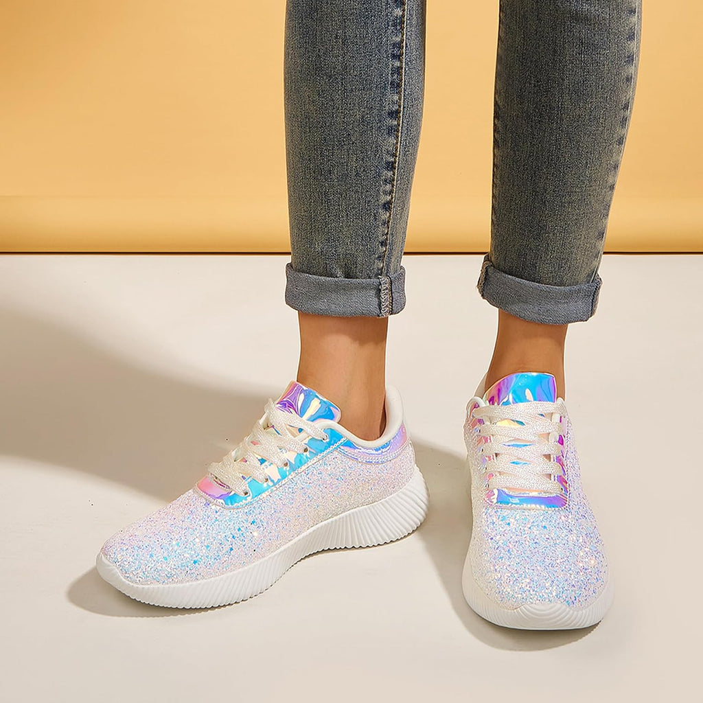 LUCKY STEP Briljanta sneakers för kvinnor med strass och metallpaljetter, lätta tennisskor