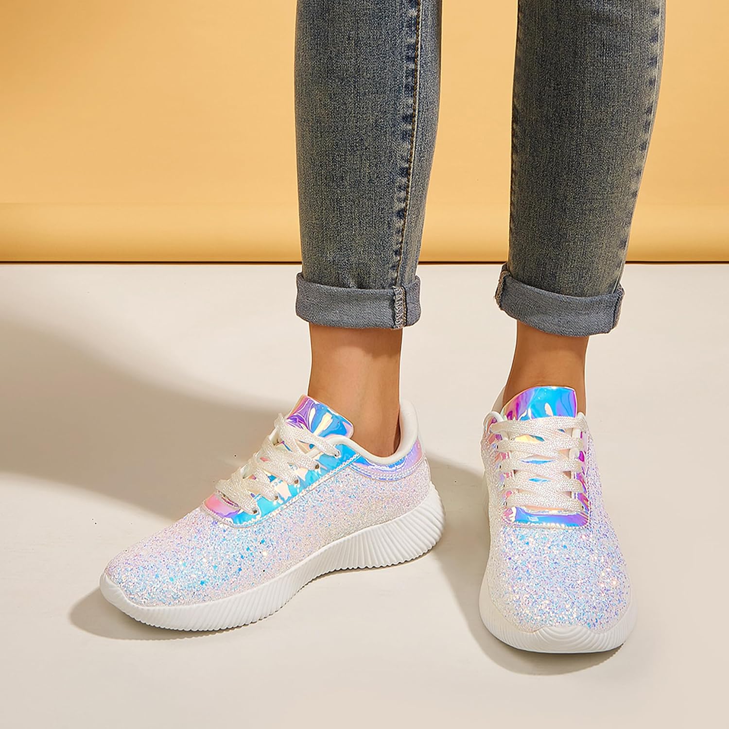 LUCKY STEP Briljanta sneakers för kvinnor med strass och metallpaljetter, lätta tennisskor