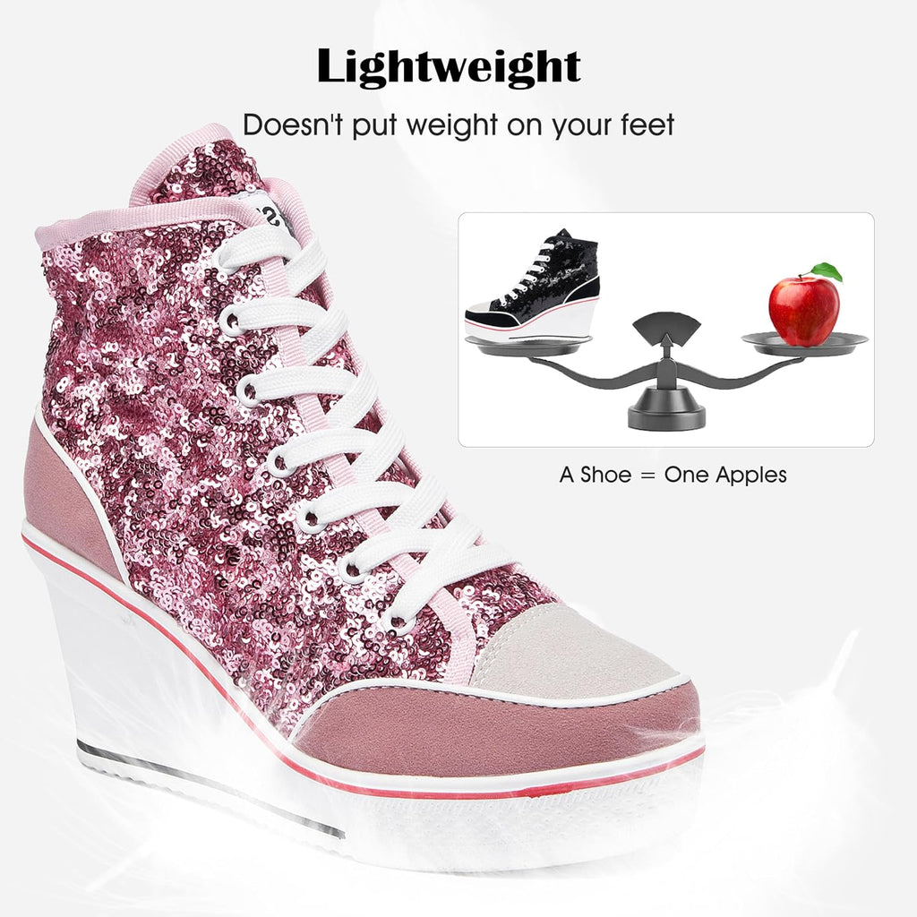 Högklackade blingskor för kvinnor vardagsskor mode glittrande sneakers för promenadplattform kilpumpskor