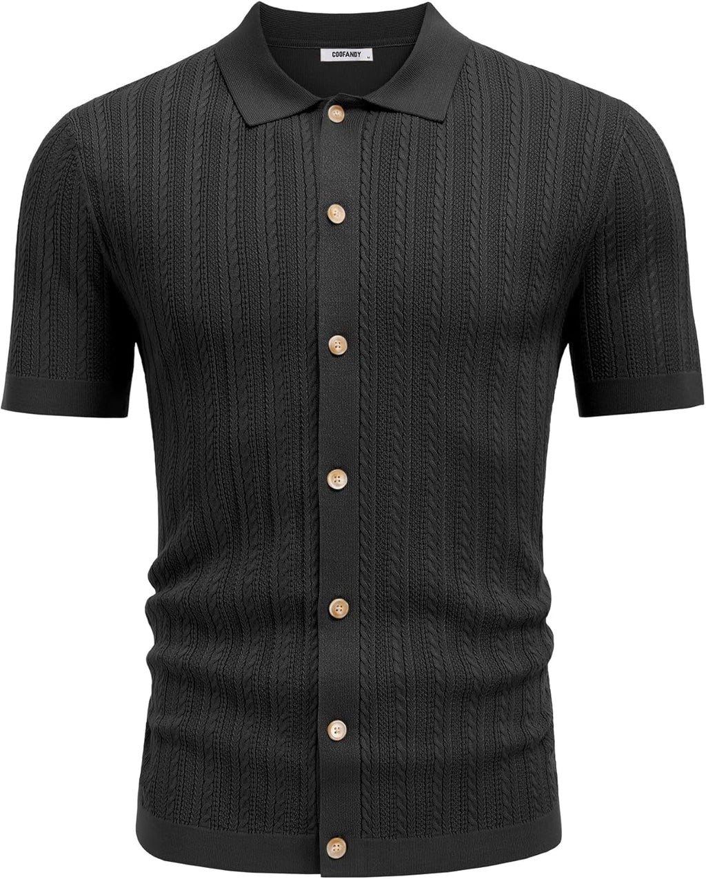 COOFANDY Herr kortärmad stickad pikétröja stretch kabel stickad full knapp golfskjorta polo t-shirt
