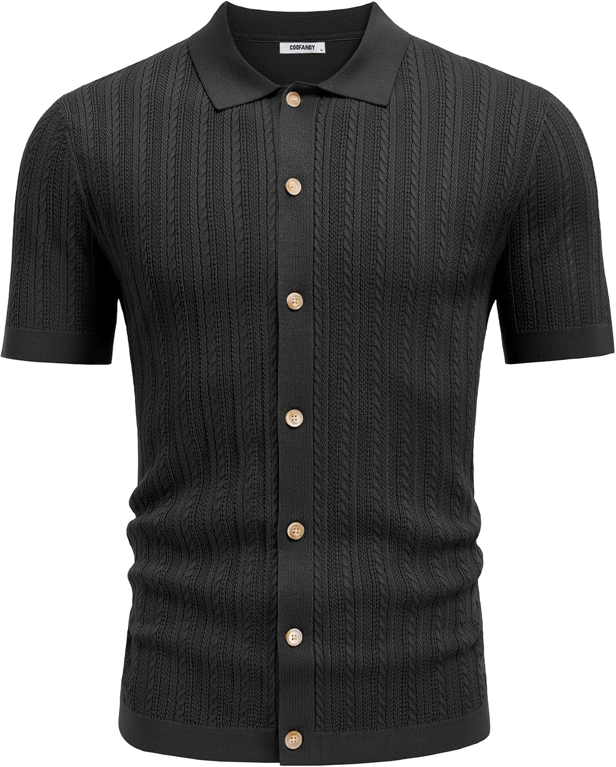 COOFANDY Herr kortärmad stickad pikétröja stretch kabel stickad full knapp golfskjorta polo t-shirt