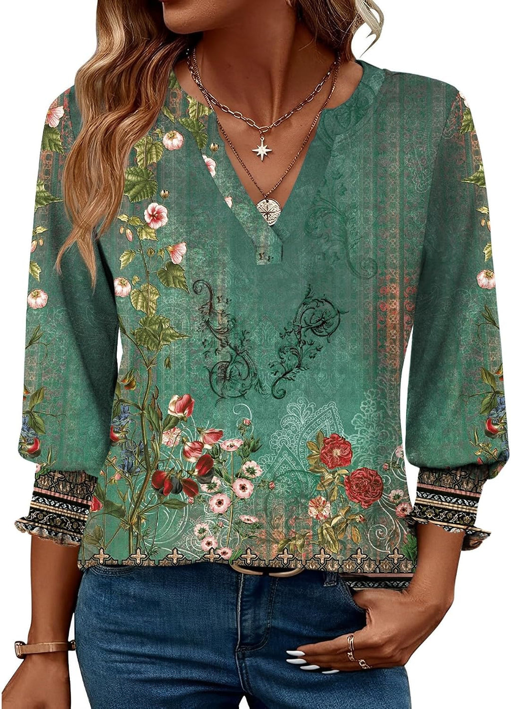 Rapbin Damblus med 3/4-ärm, lång V-ringad tunika, sommartopp, elegant, ledig blus, topp