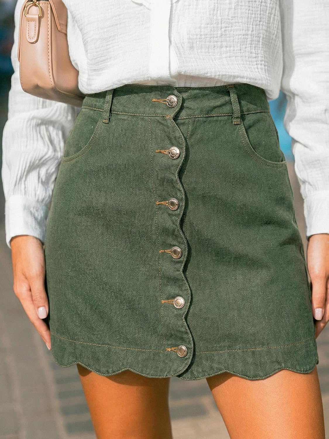 CUPSHE kvinnor denim kjol vardaglig hög midja A-linje skulpterad fåll mini jeanskjol med fickor