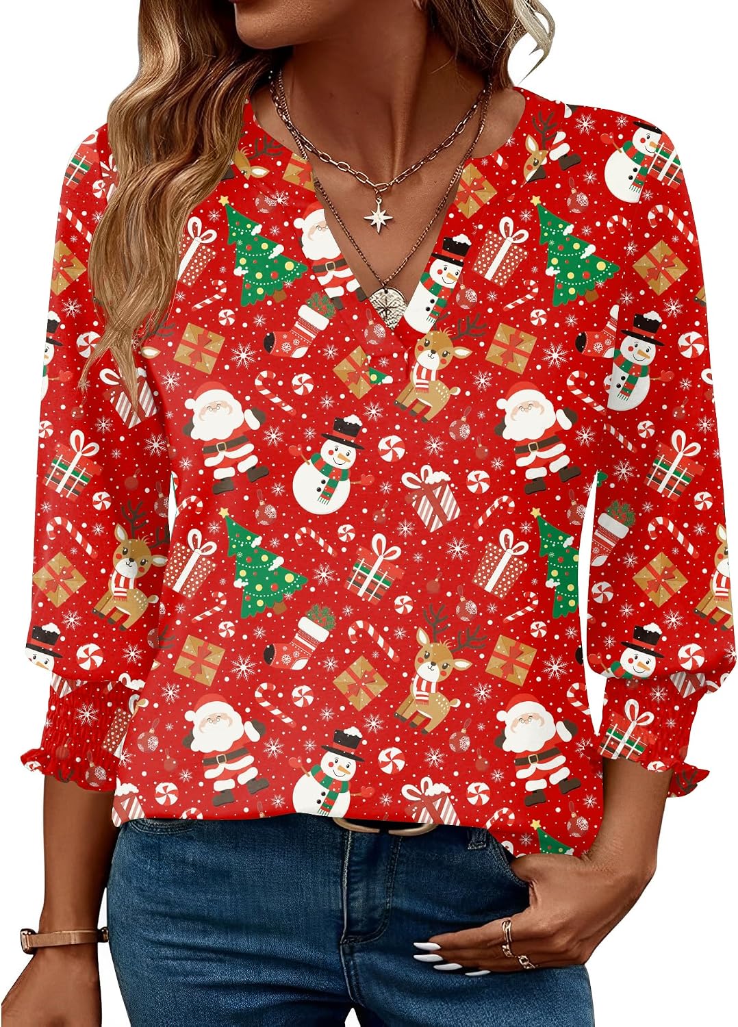 Rapbin Damblus med 3/4-ärm, lång V-ringad tunika, sommartopp, elegant, ledig blus, topp