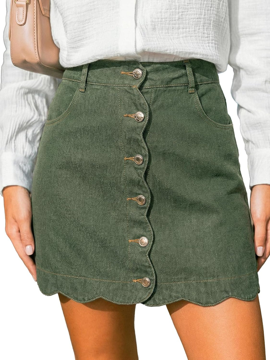 CUPSHE kvinnor denim kjol vardaglig hög midja A-linje skulpterad fåll mini jeanskjol med fickor
