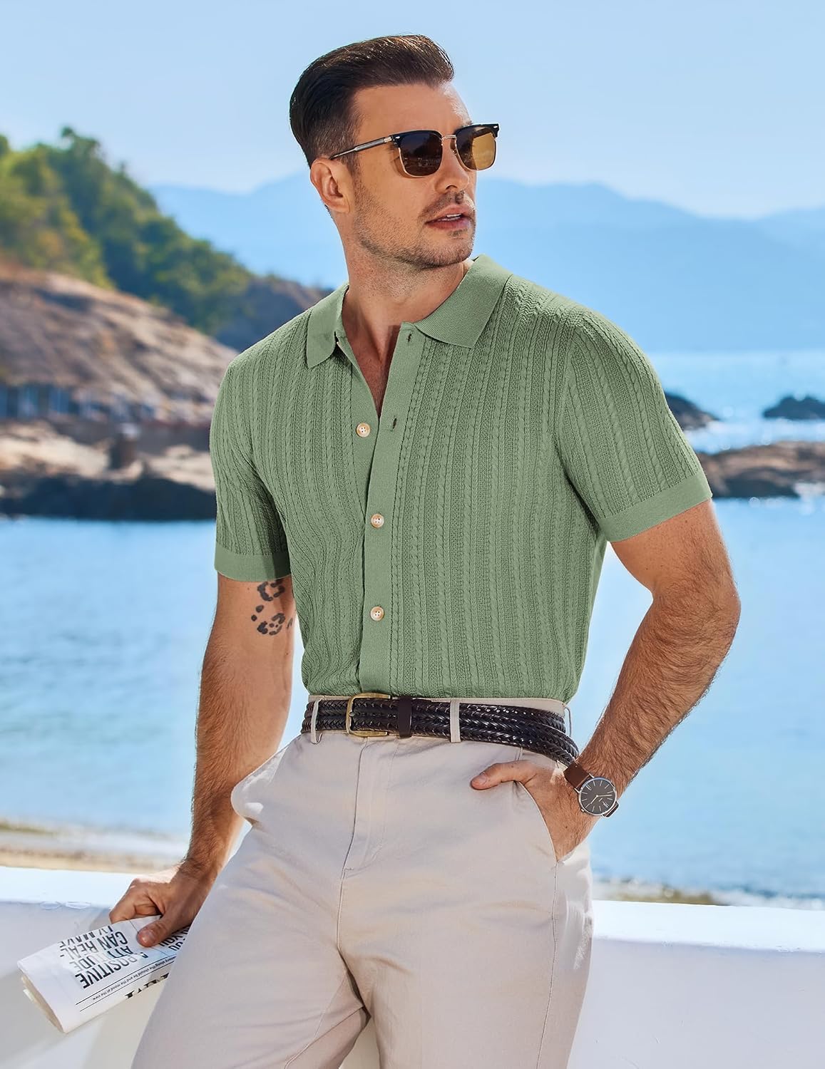 COOFANDY Herr kortärmad stickad pikétröja stretch kabel stickad full knapp golfskjorta polo t-shirt