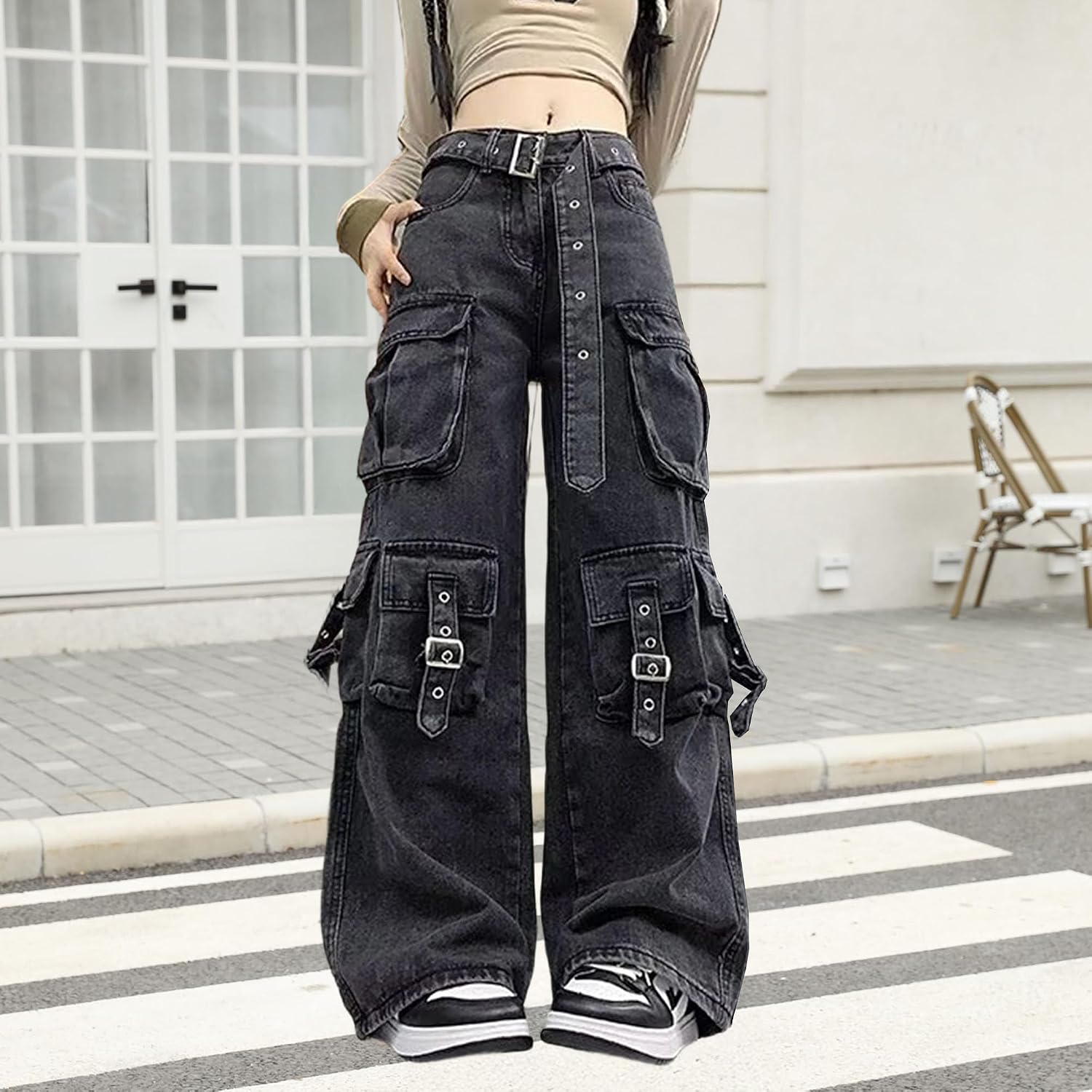 Dam retro tvättade breda ben lastjeans hög midja Y2K gotiska streetwear denim byxor vardag trendiga lösa jeans