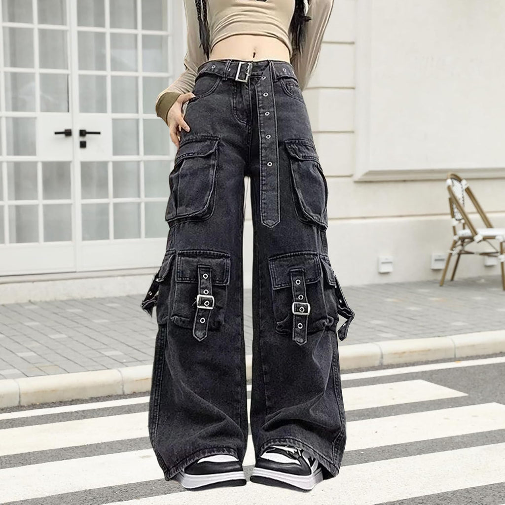 Dam retro tvättade breda ben lastjeans hög midja Y2K gotiska streetwear denim byxor vardag trendiga lösa jeans