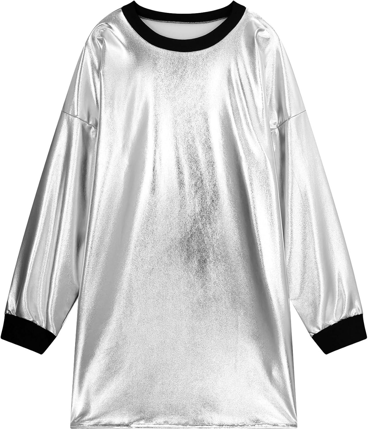 Kvinnlig Metallisk Glänsande Discodans Tshirtklänning Med Långa Ärmar Och Ribbade Kantar Slapp Och Rakt Cut