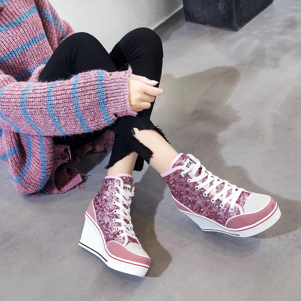 Högklackade blingskor för kvinnor vardagsskor mode glittrande sneakers för promenadplattform kilpumpskor