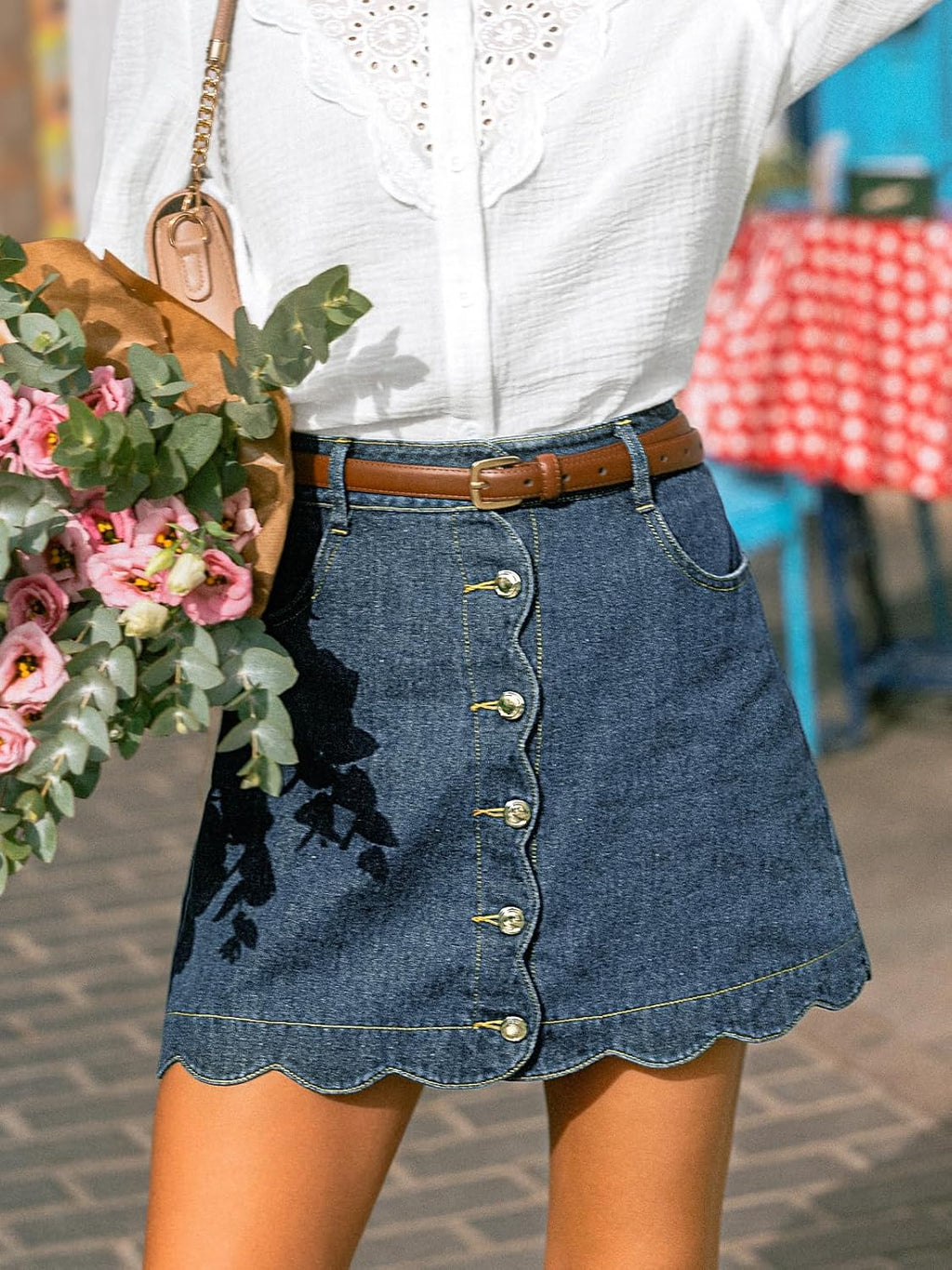 CUPSHE kvinnor denim kjol vardaglig hög midja A-linje skulpterad fåll mini jeanskjol med fickor