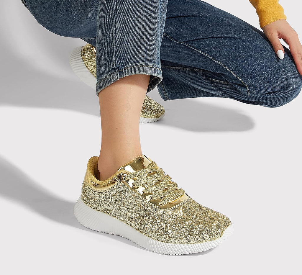 LUCKY STEP Briljanta sneakers för kvinnor med strass och metallpaljetter, lätta tennisskor