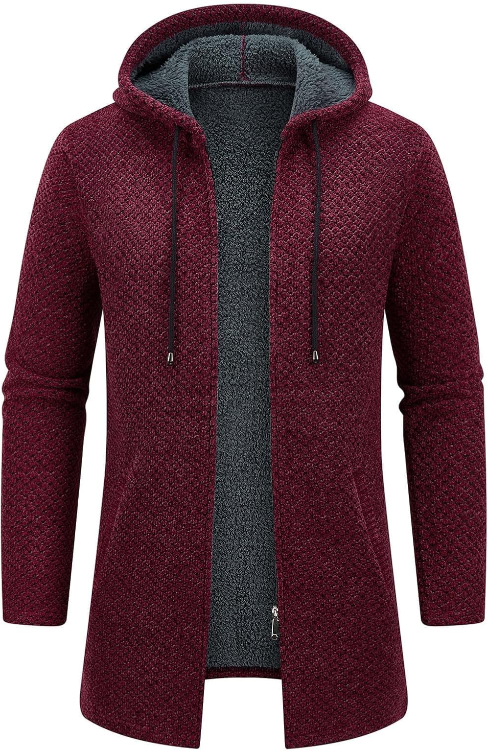 KUDORO Herrcardigan lång väst med dragkedja stickad kofta huvtröja tjock och ledig fleece tröja huvtröja