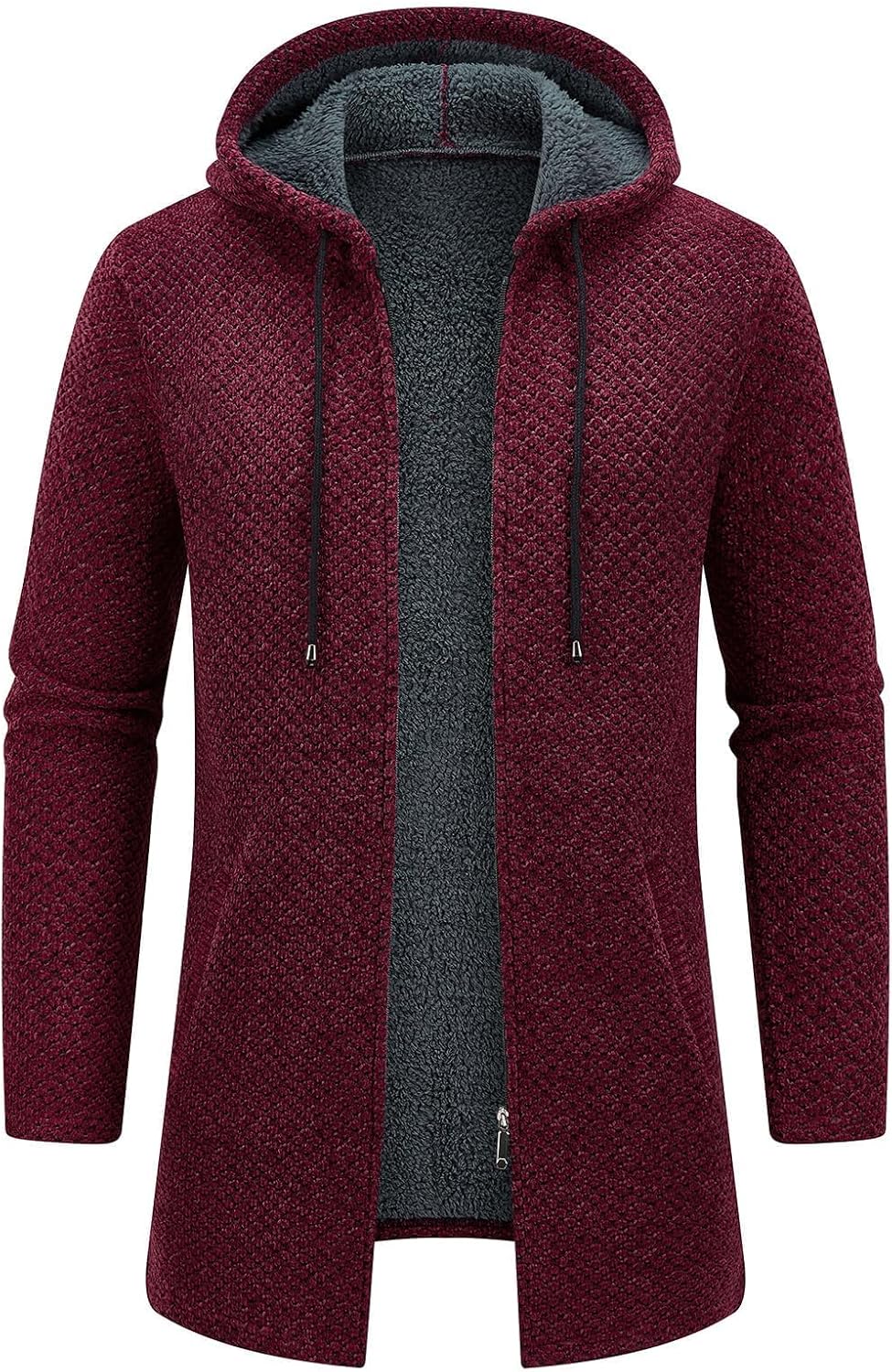 KUDORO Herrcardigan lång väst med dragkedja stickad kofta huvtröja tjock och ledig fleece tröja huvtröja