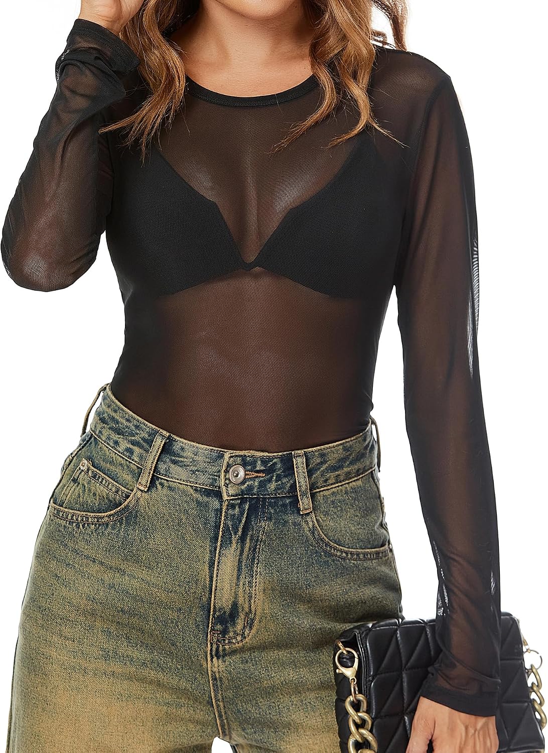IECCP Nättopp damer sexig nättopp transparent nät topp svart nät sheer toppar långärmad skjorta casual toppar ren blus tyll nät t-shirt tunika klubbkläder party gå ut musikfestival
