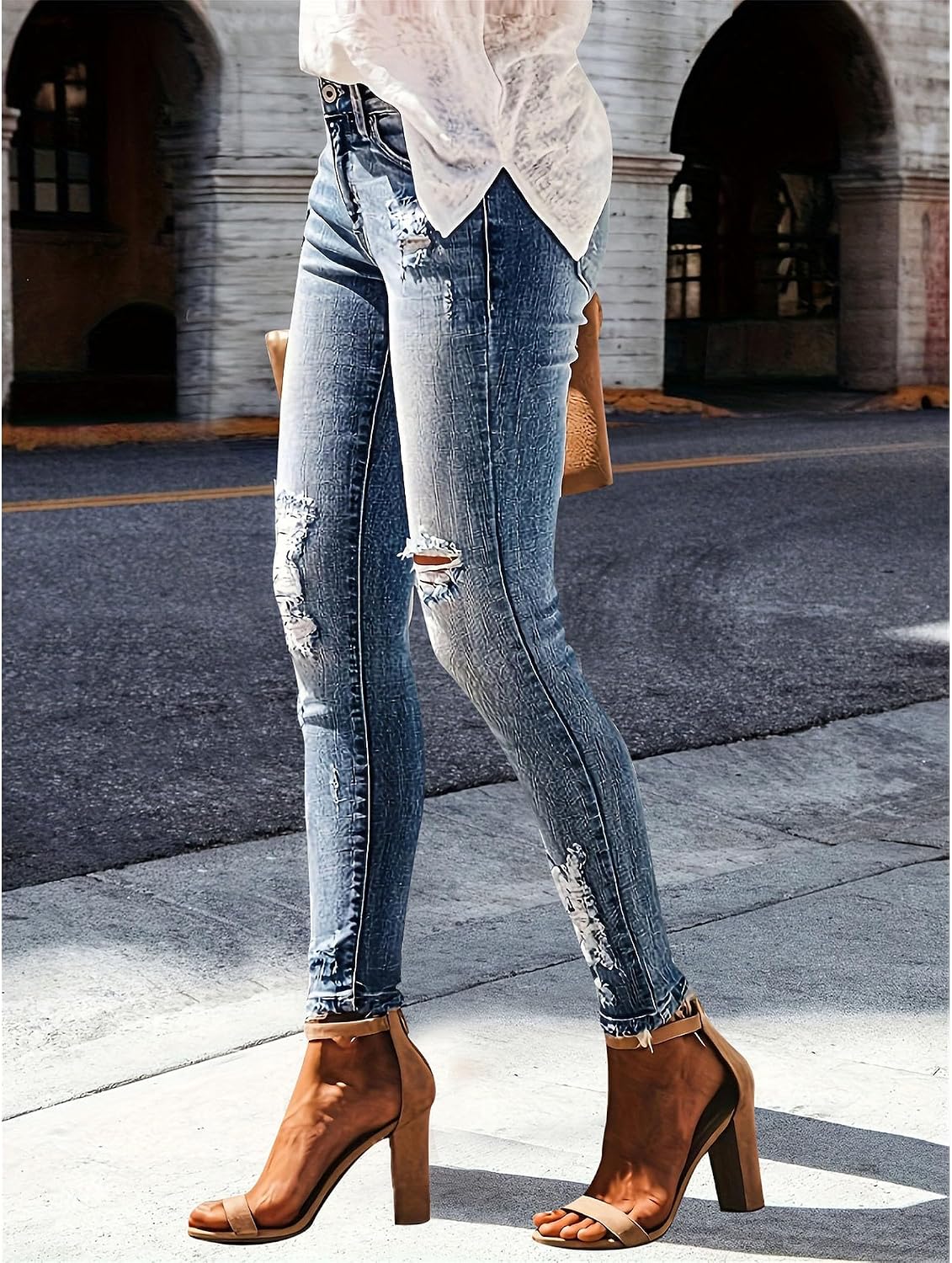 Trendiga jeans för kvinnor 2025 Skinny Ripped Trendiga jeans Distressed Stretchy jeansbyxor