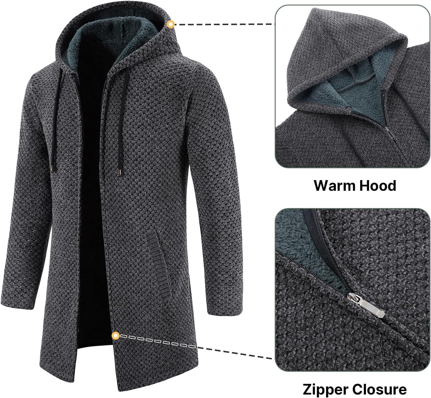 KUDORO Herrcardigan lång väst med dragkedja stickad kofta huvtröja tjock och ledig fleece tröja huvtröja