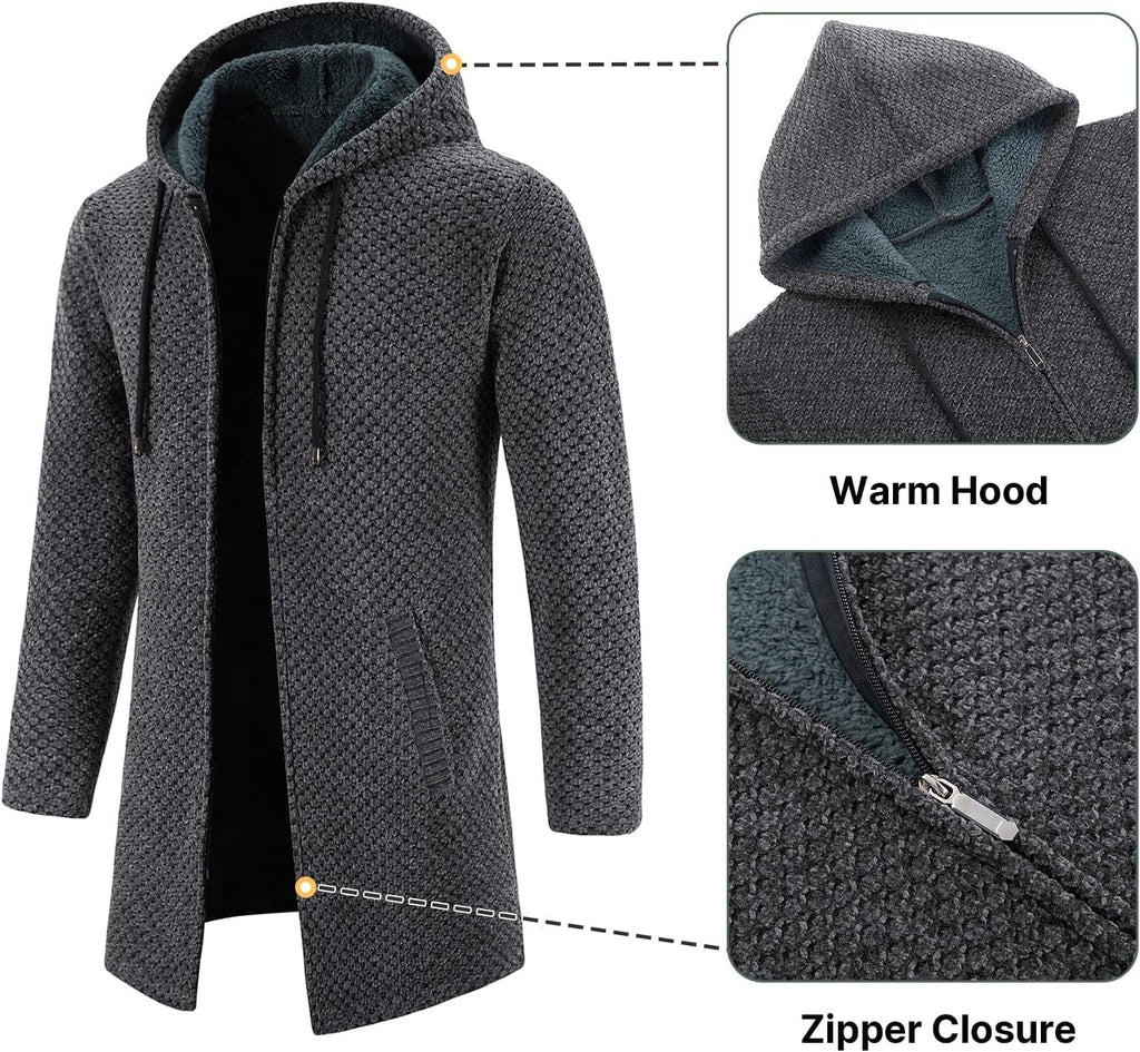KUDORO Herrcardigan lång väst med dragkedja stickad kofta huvtröja tjock och ledig fleece tröja huvtröja