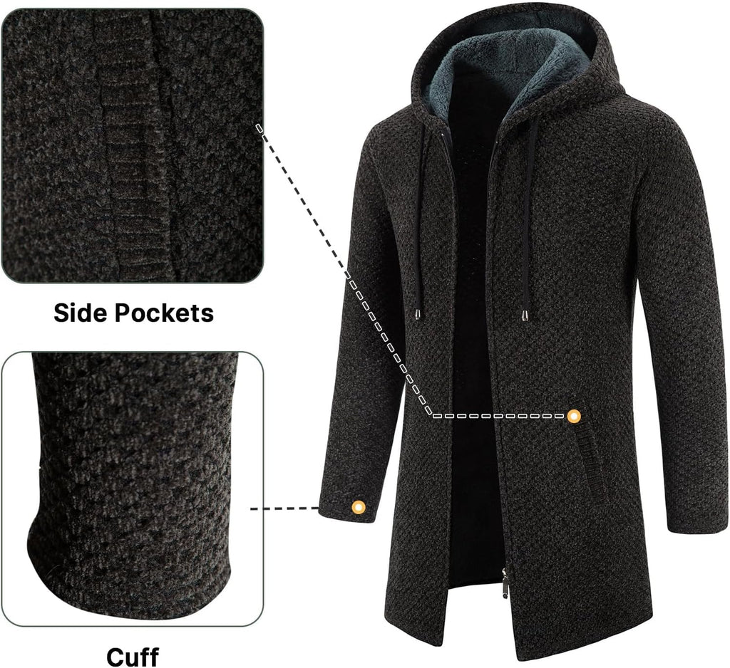 KUDORO Herrcardigan lång väst med dragkedja stickad kofta huvtröja tjock och ledig fleece tröja huvtröja