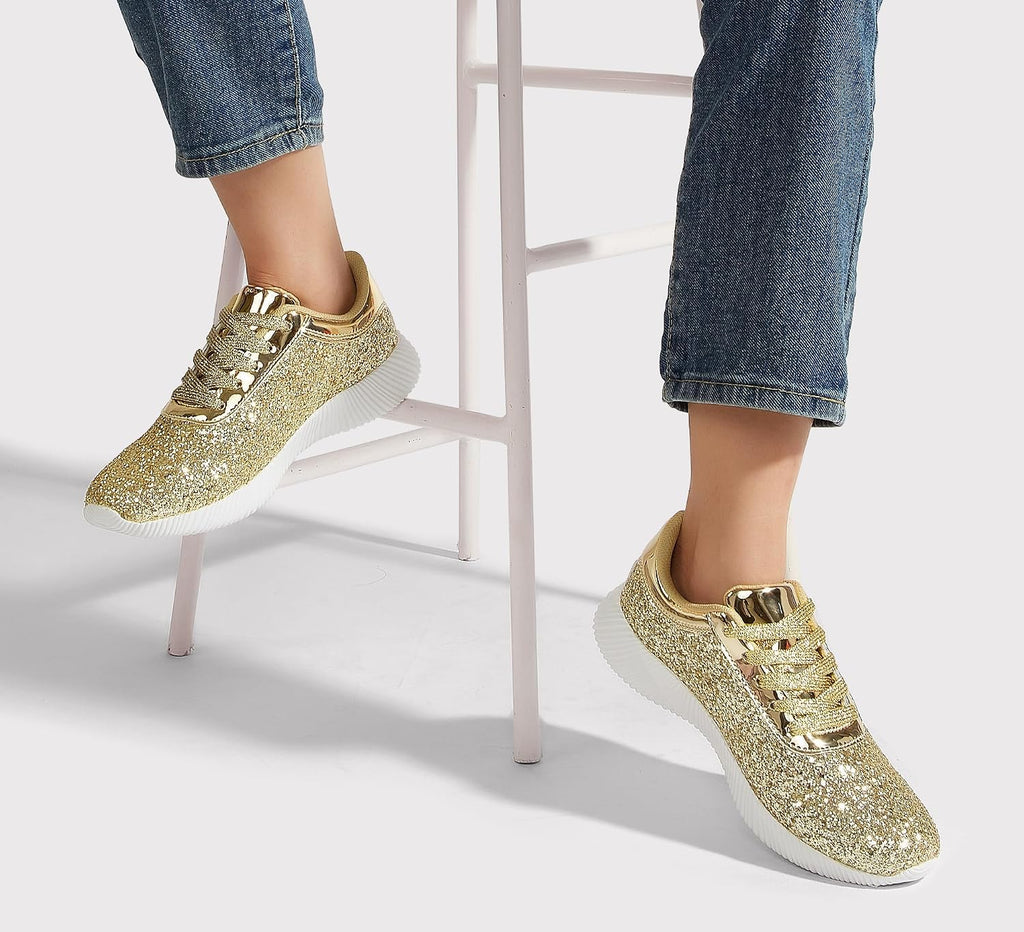 LUCKY STEP Briljanta sneakers för kvinnor med strass och metallpaljetter, lätta tennisskor