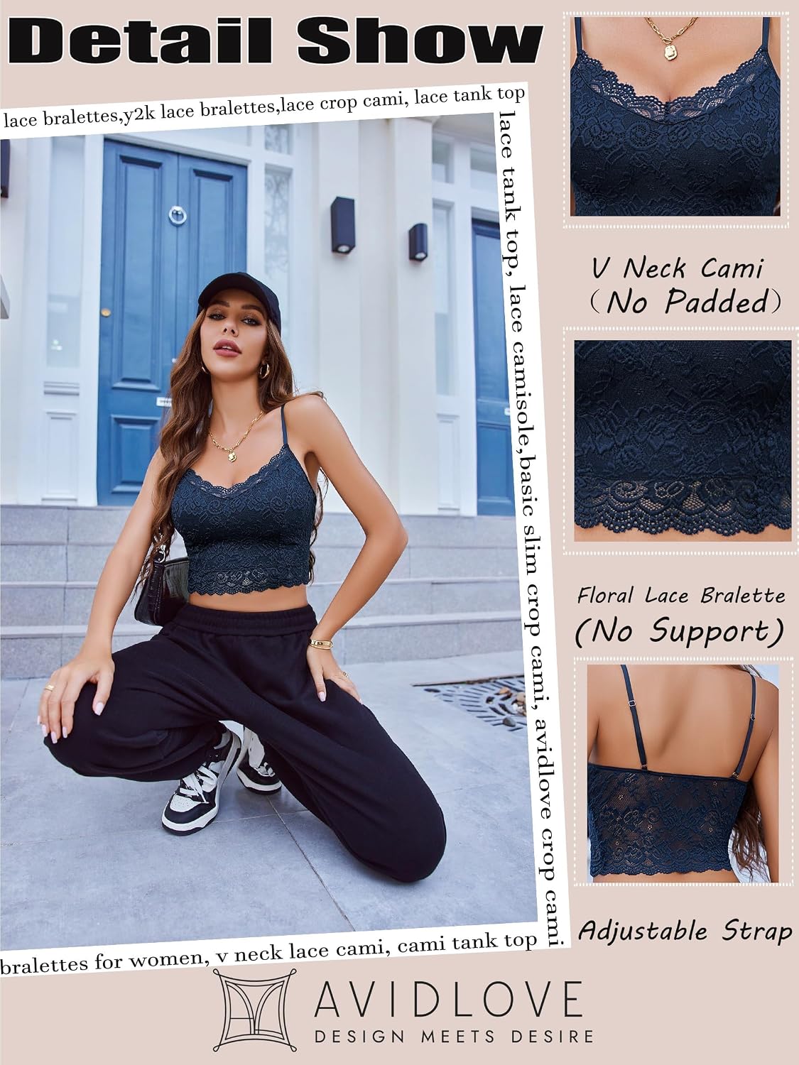 Avidlove dam spets bustier topp sexig bralette undertröja basic spagettiremmar camisole V-ringad rygg urtagning design tank toppar crop