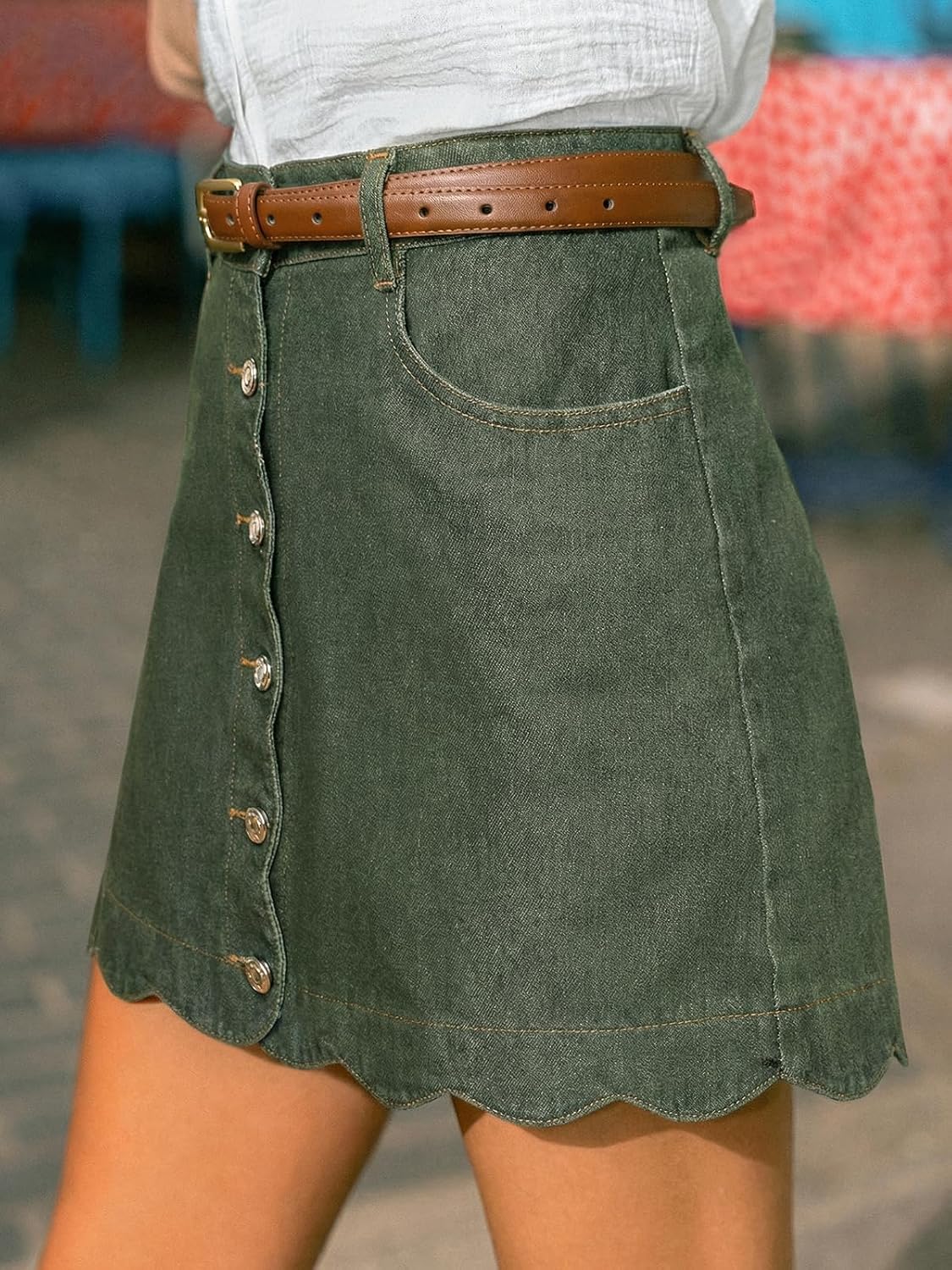 CUPSHE kvinnor denim kjol vardaglig hög midja A-linje skulpterad fåll mini jeanskjol med fickor