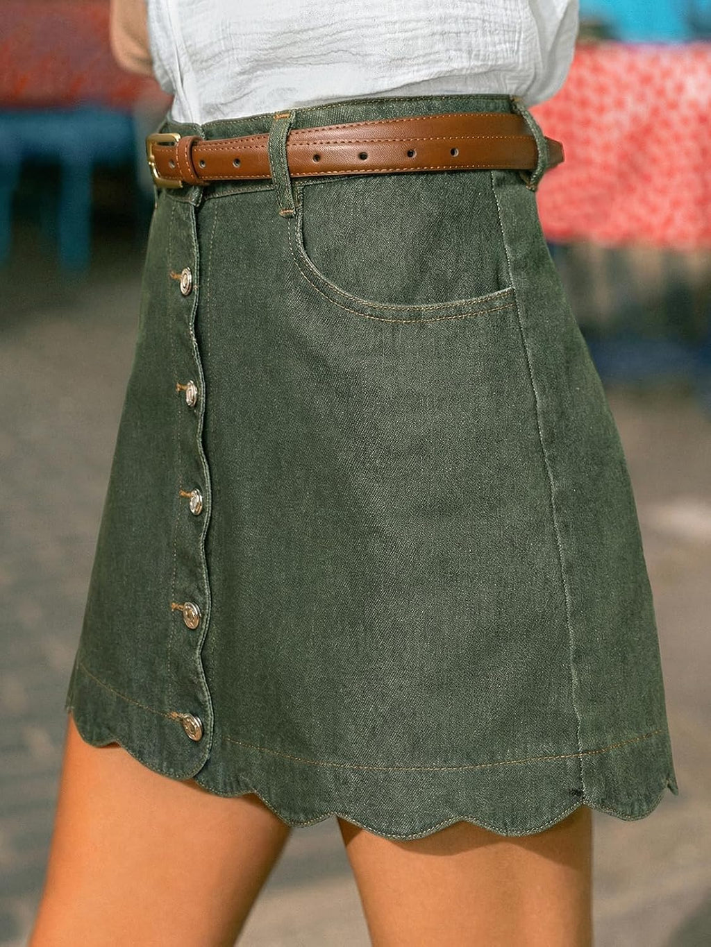 CUPSHE kvinnor denim kjol vardaglig hög midja A-linje skulpterad fåll mini jeanskjol med fickor