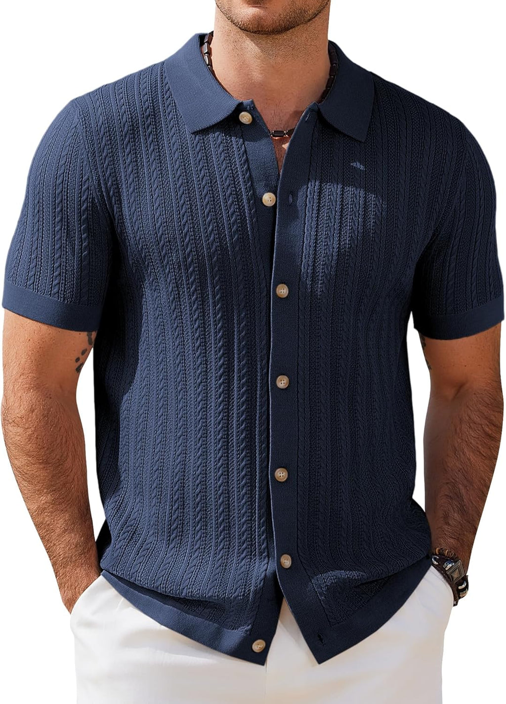 COOFANDY Herr kortärmad stickad pikétröja stretch kabel stickad full knapp golfskjorta polo t-shirt