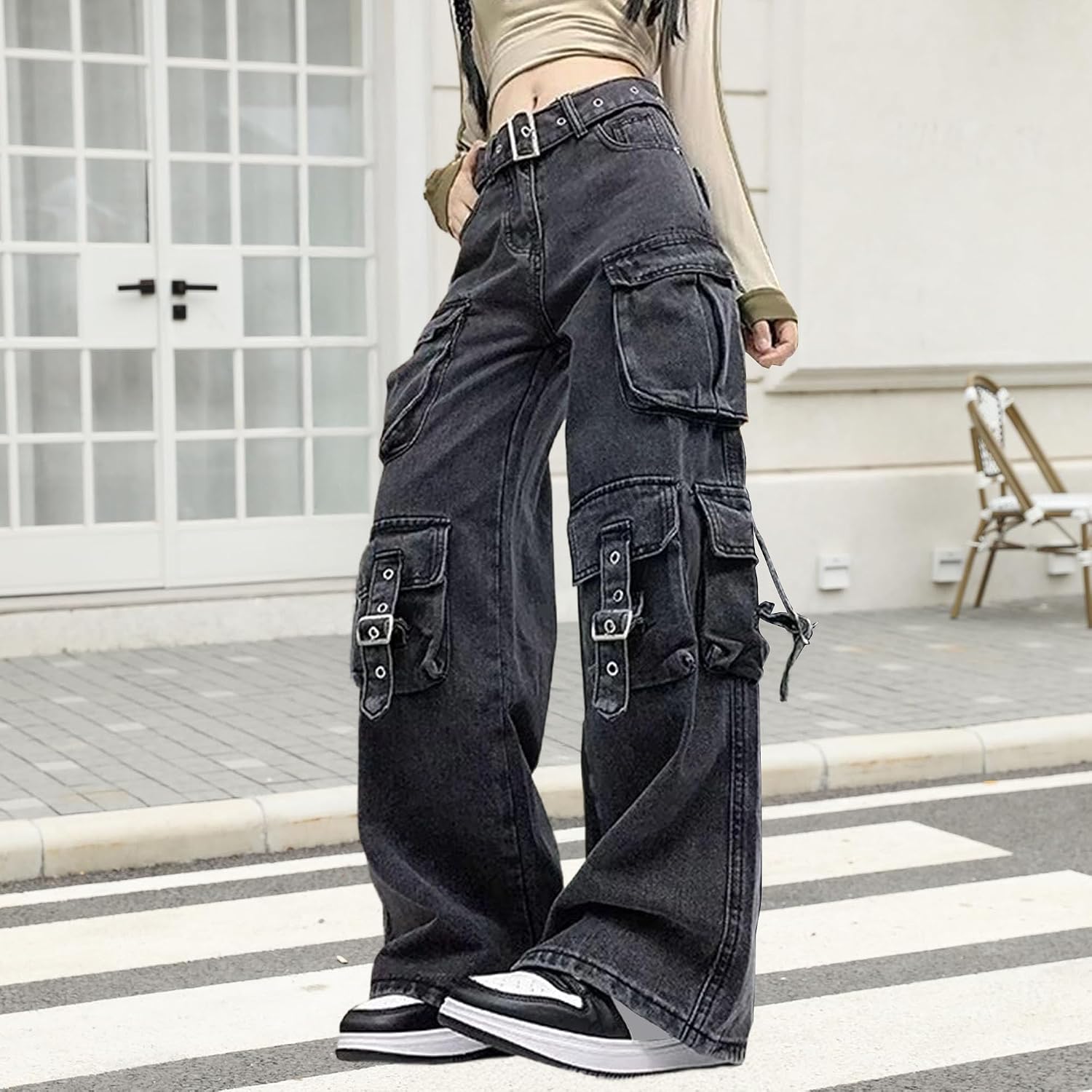 Dam retro tvättade breda ben lastjeans hög midja Y2K gotiska streetwear denim byxor vardag trendiga lösa jeans